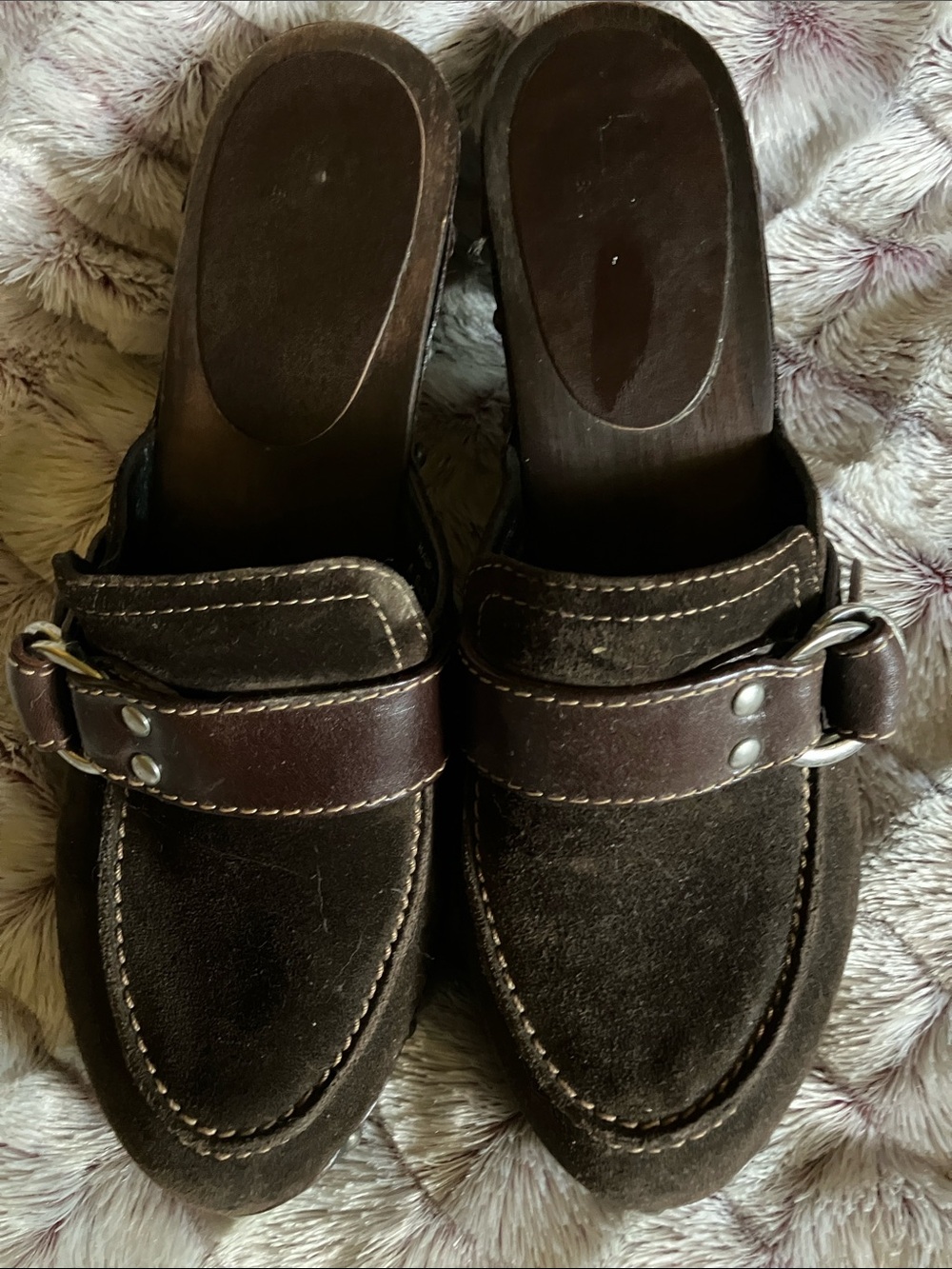 Coach Brown Suede Mule with Leather Strap and Silver Hardware